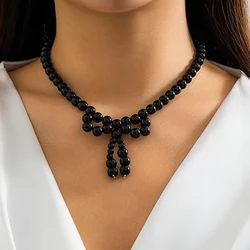 KunJoe Gothic Black Imitation Pearl Beaded Bow Pendant Necklace for Women Korean Fashion Short Necklace Party Gift