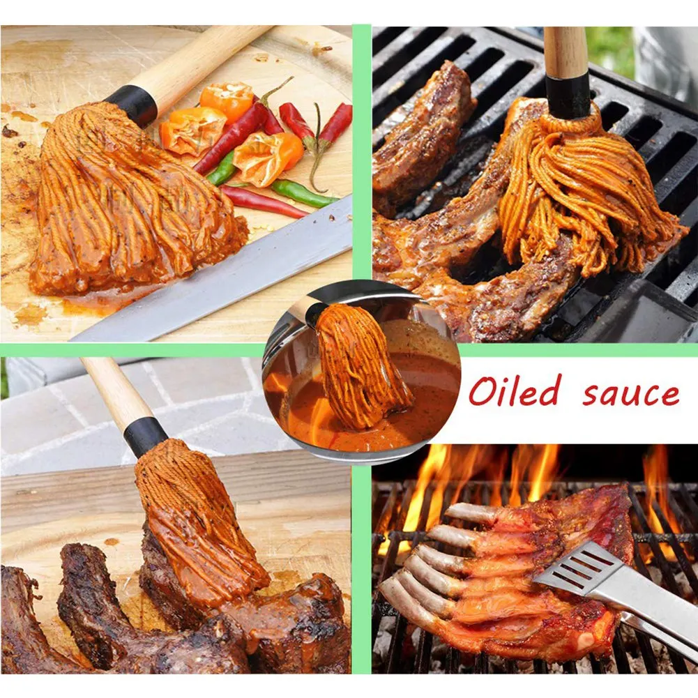 BBQ-bedruiksmop met houten handvat, ontworpen om saus te absorberen, perfect voor barbecue, grillen en roken