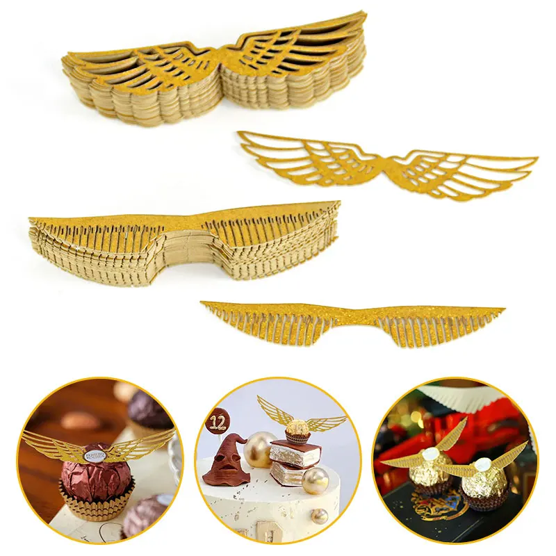 50Pcs Wings Chocolate Cake Party Gold Decoration Wizard Topper Golden Wing Cupcake Toppers Snitch Wedding Decoration Supplies