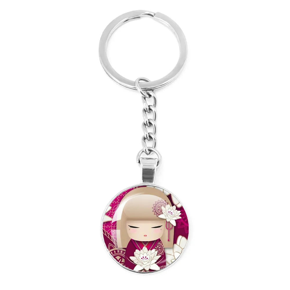 Cute Japanese Girl Face Glass Keychain, Lovely Kokeshi Kimono Doll, Chaveiro do carro Titular, Saco Keychain, Presentes da jóia, Adorável