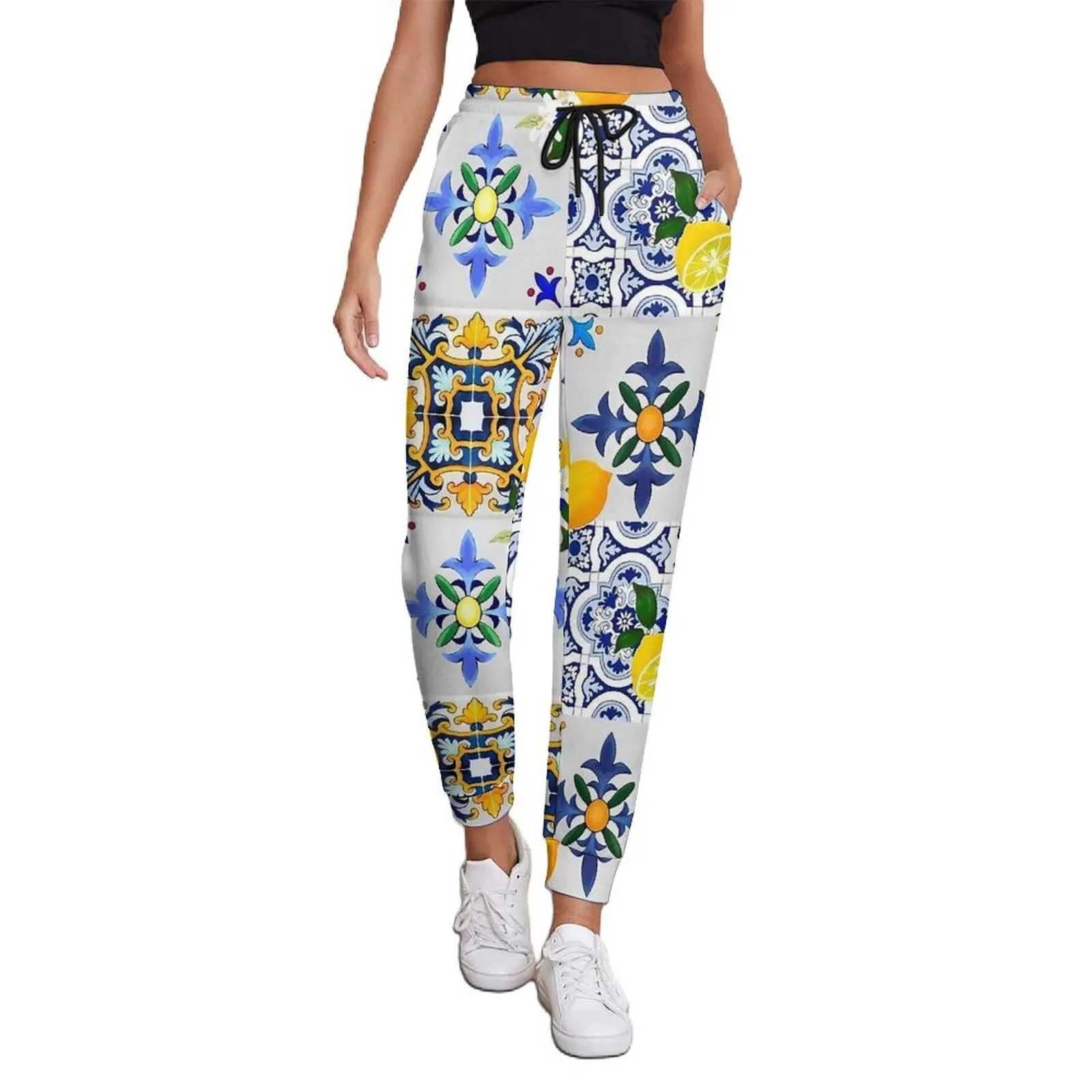 Majolica Lemon Pants Woman Tiles Citrus Flower Streetwear Joggers Spring Modern Printed Trousers Big Size