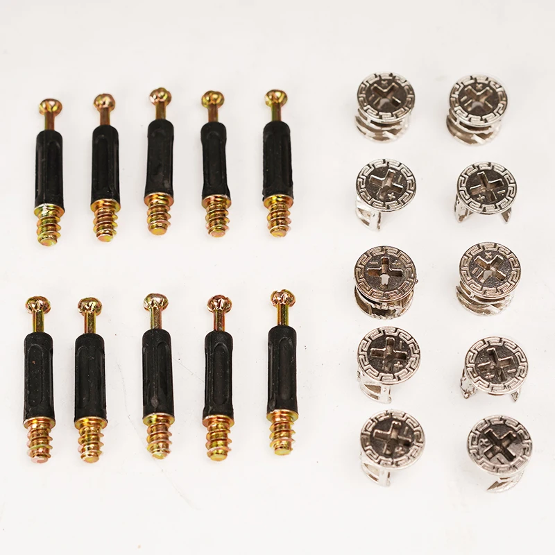 

New 10 Sets Furniture Side Connecting 15 x 12mm Cam Fitting Dowel Pre-inserted Nut