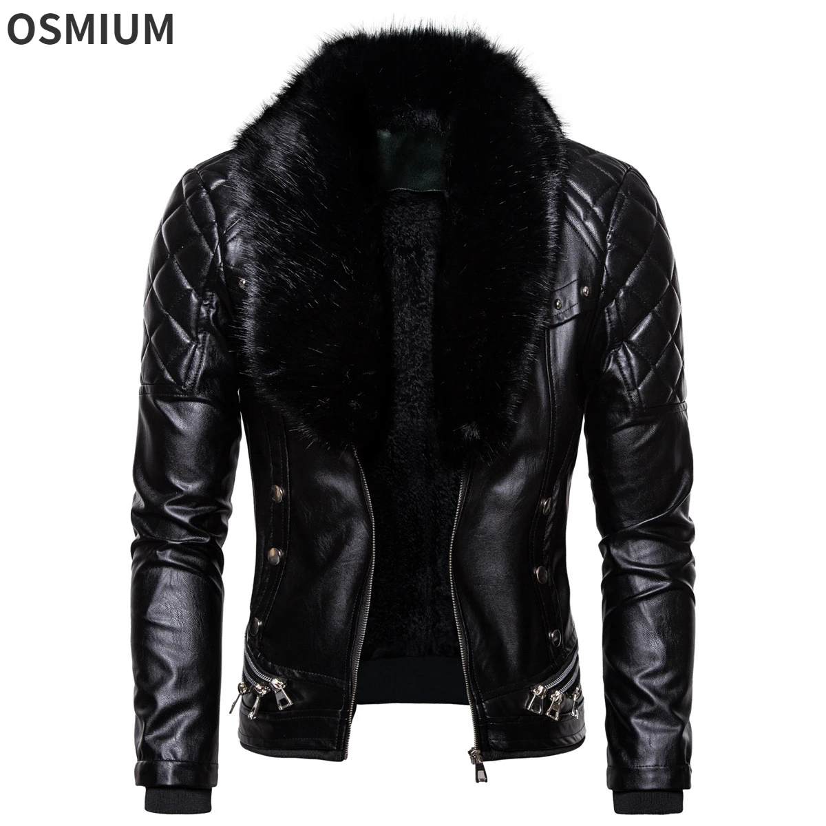 Men Black Faux Fur Collar Long Sleeve Warm PU Streetwear Jacket Oversized Winter Faux Leather Outerwear Zip Up Motorcyle Coat