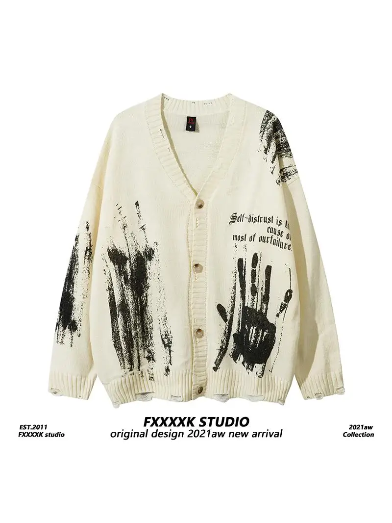 

Свободный вязаный свитер с V-образным вырезом и длинными рукавами, с эффектом потертости и принтом на водной основе, для молодежи, весна-осень