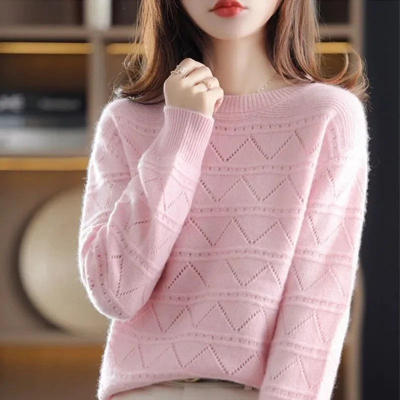 Musim semi musim dingin wanita kasual lengan panjang rajut O leher Pullover Sweater Femme dasar tarik jersey mode blus pakaian