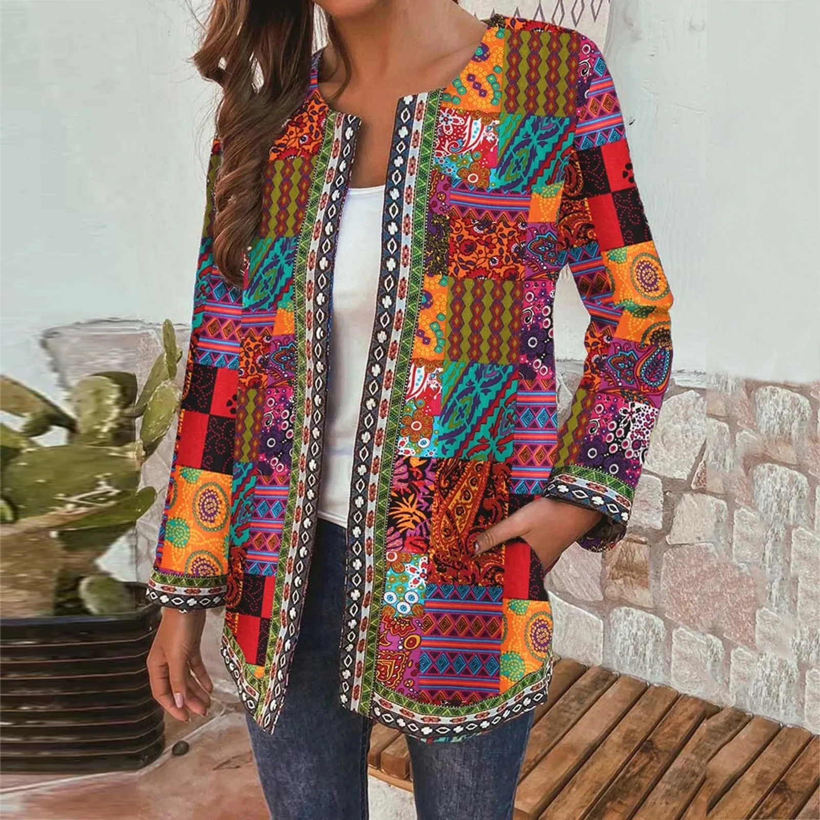 

Autumn Winter Women'S Boho Ethnic Cardigan Fashion Retro Print Jacket Loose Long Sleeve Vintage Coat With Pockets Chic Top