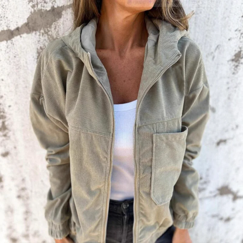 Autumn New Solid Color Simple Style Corduroy Hooded Jacket for Women
