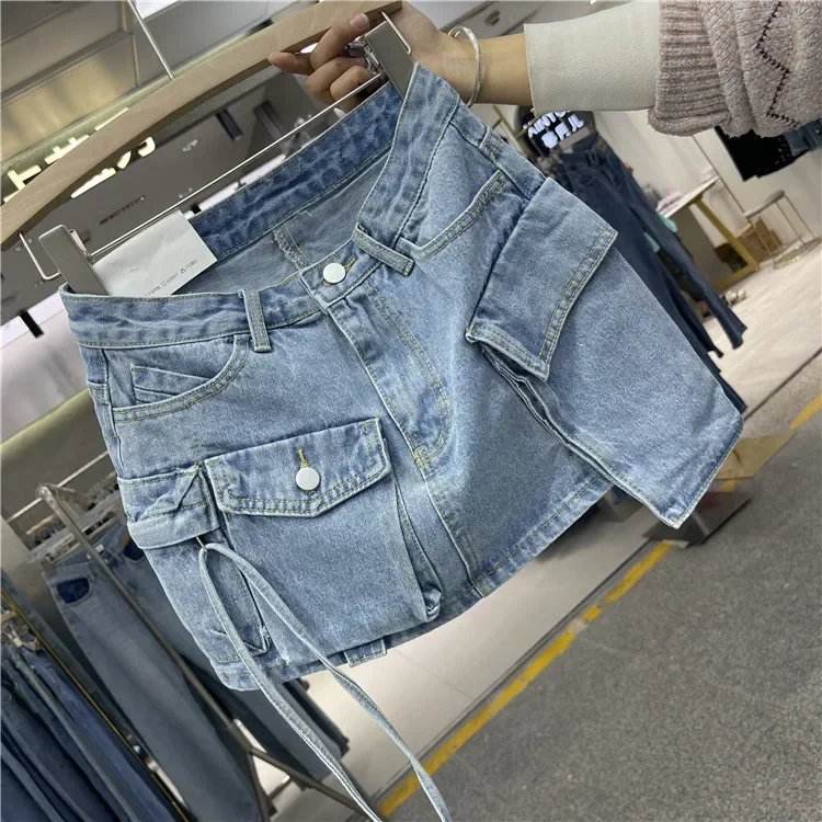 Personalized Workwear with Pocket Denim Skirt Streetwear Woman 2023 Spring and Summer New Casual Washed Anti-Exposure Jean Skirt