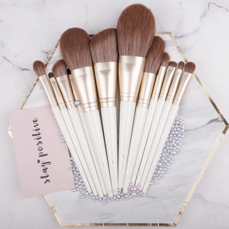 Synthetic Hair Aluminum Tube Solid Wood Handle 12Pcs White Moon Series Makeup Brush Set Factory Spot Sale