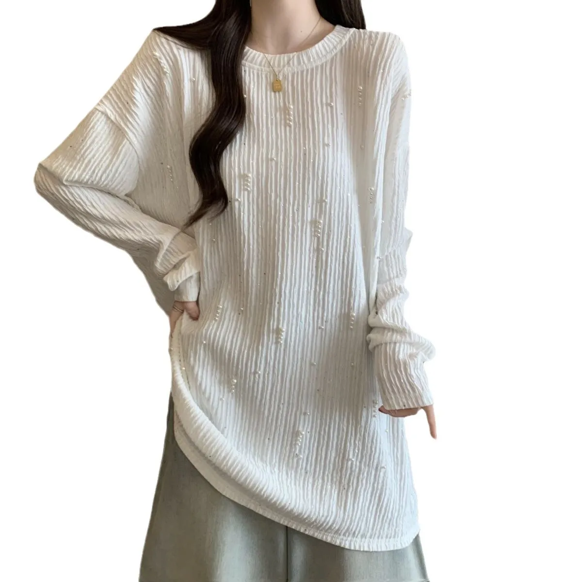 Plus-size Women's Autumn And Winter New Pure Color Loose Slimming Textured Bead-embellished Long-sleeve T-shirt