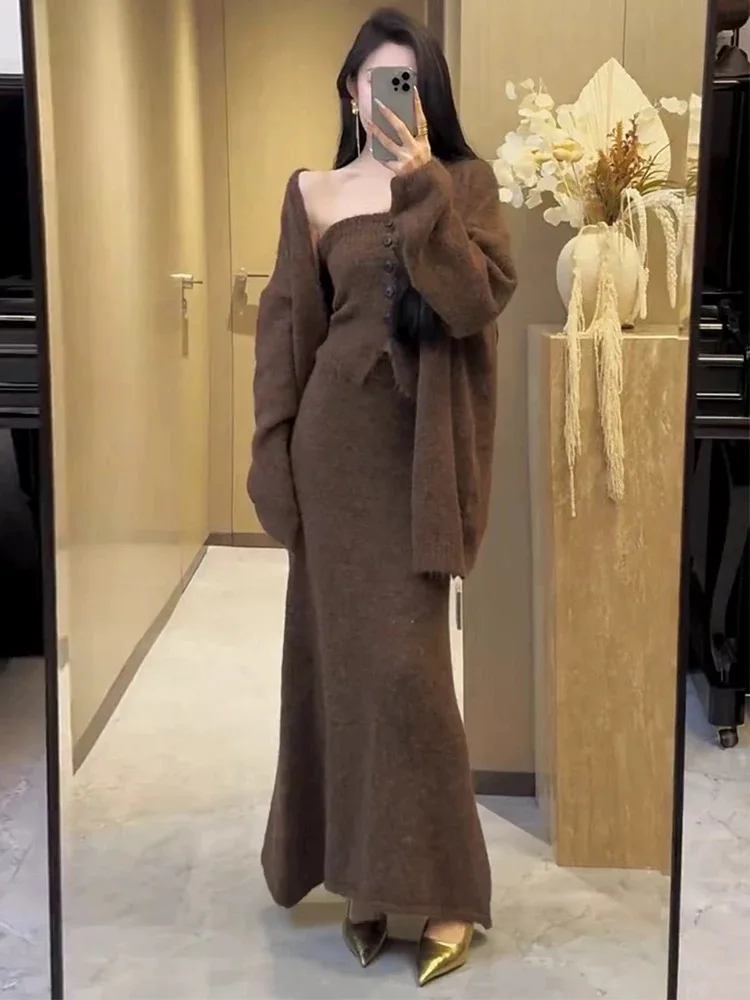 

Autumn Winter French New Elegant Knit Three Piece Set Women V-neck Long Sleeve Sweater Coat + Strapless Top And High Waist Skirt