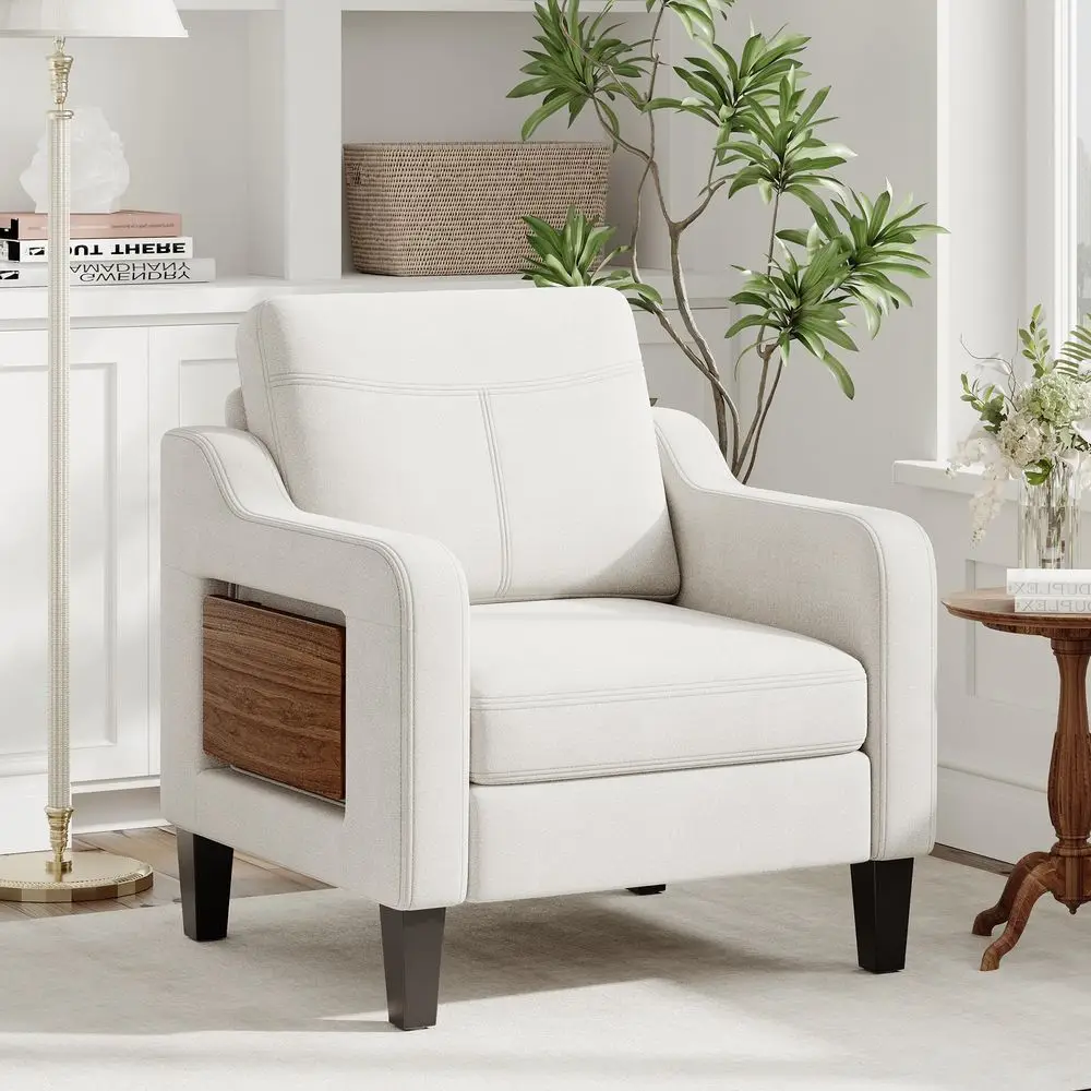 

Chair for Living Room Modern Linen Upholstered Armchair Side Wooden Fabric Sofa Chair with Foldable Table 2 Side Pockets Comfy