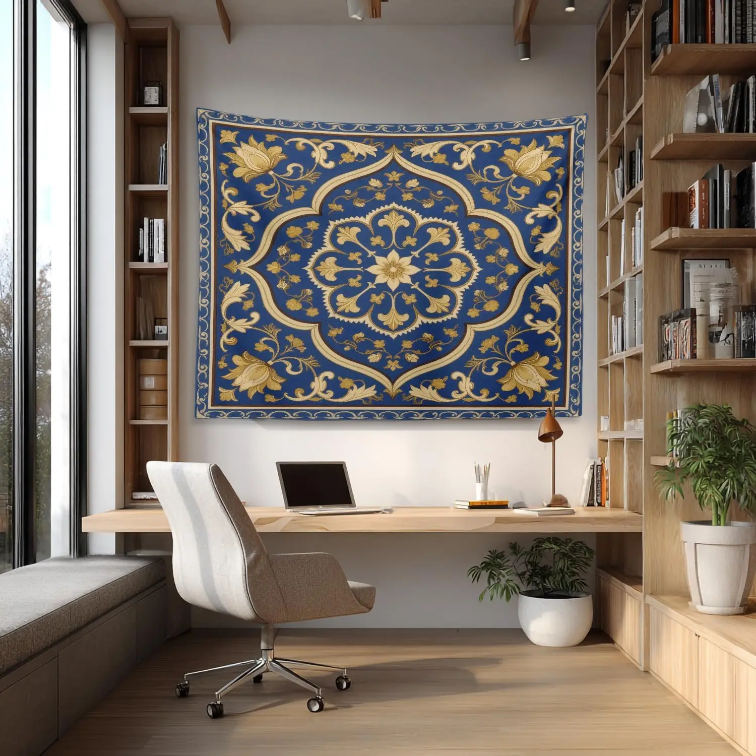 Elegant Blue Gold Baroque Damask Tapestry Wall Hanging Royal Oriental Art Decor Textile 180x230cm