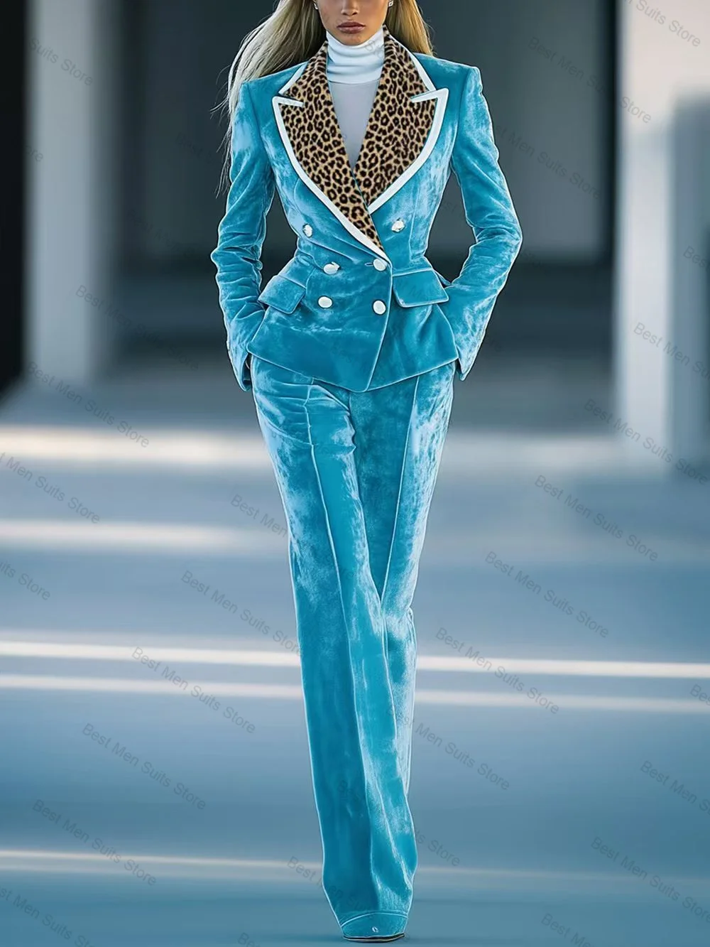 Blue Velvet Women Suit Set 2 Pcs Leopard Blazer+Pants Trousers Autumn Formal Office Jacket Customized Wedding Guest Prom Coat