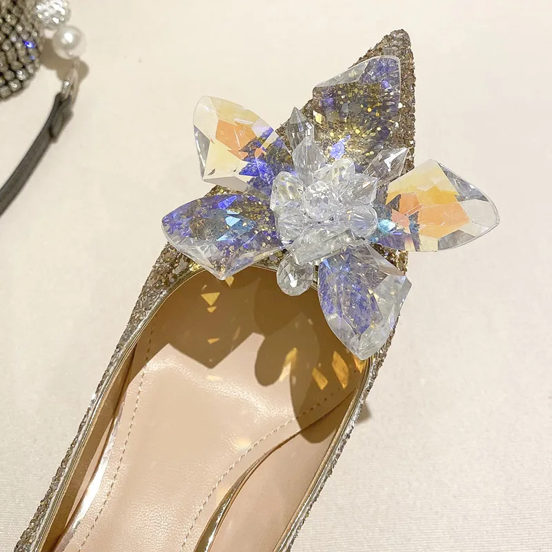 Bling Bling Sequined Luxury Crystal Flowers Women Pumps Elegant Pointed toe Bridal High heels Summer Autumn Wedding Prom Shoes