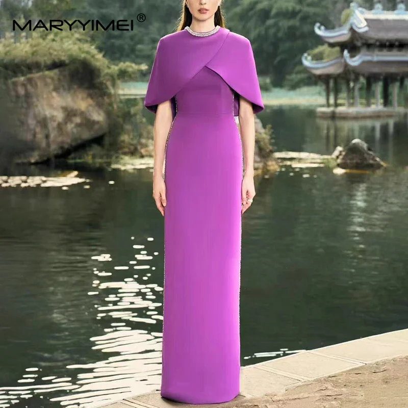 MARYYIMEI Solid Color Stitching beaded cape ceremonial dress tube top waist long dress 2026 summer new women's clothing