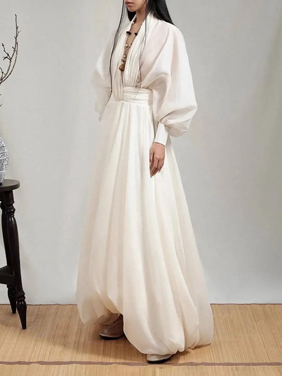 TLXT Elegante frauen Lose Sheer Gespleißt Falten Sexy Kleider V-ausschnitt Mit Langen Ärmeln Hohe Taille Mode Kleid Weibliche Kleidung Neue