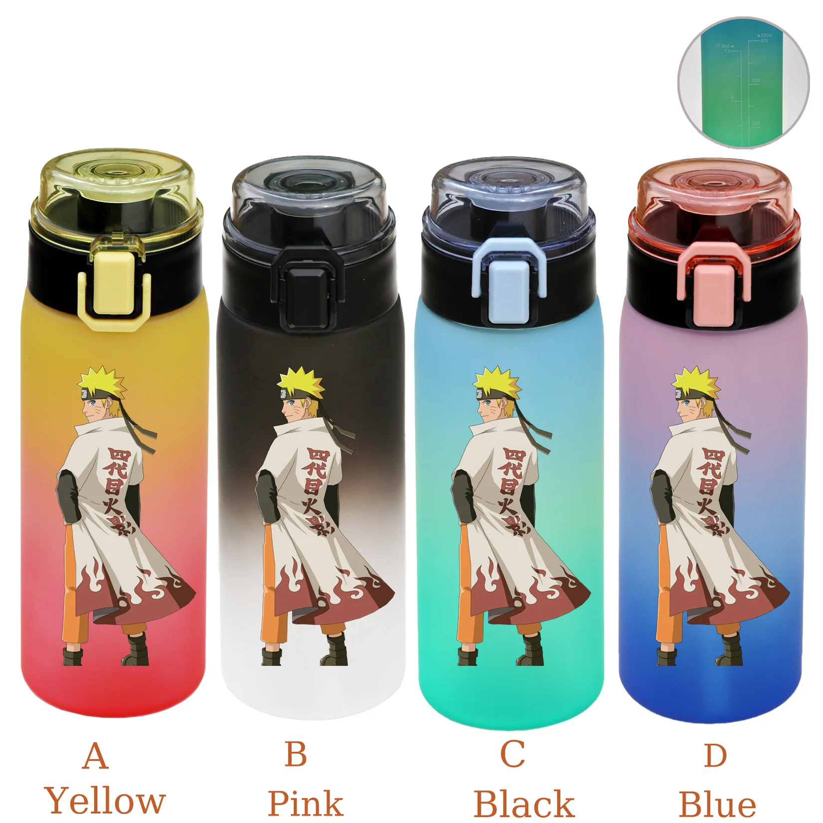 500ML NARUTO Sports Water Bottle Gradient Color Plastic Drinking Bottle Uzumaki Uchiha Sasuke Kakashi Cartoon Travel Office Jugs