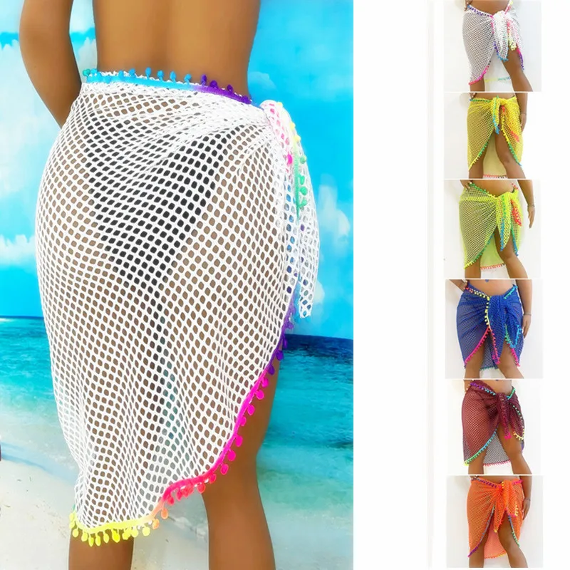 Beach Skirt for Women Bath Exits White Fireball Fishnet Shawl Hollow Out 2024 Trend Stylish Bikini Cover-ups roupas de banho