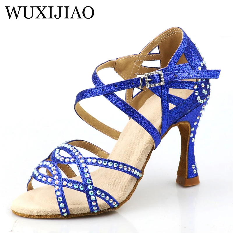 WUXIJIAO 핫 블루 퍼플 플래시 원단 여성용 라틴 댄스 슈즈, 볼룸 댄스 슈즈, 파티 스퀘어 댄스 슈즈, 소프트 힐, 7.5cm