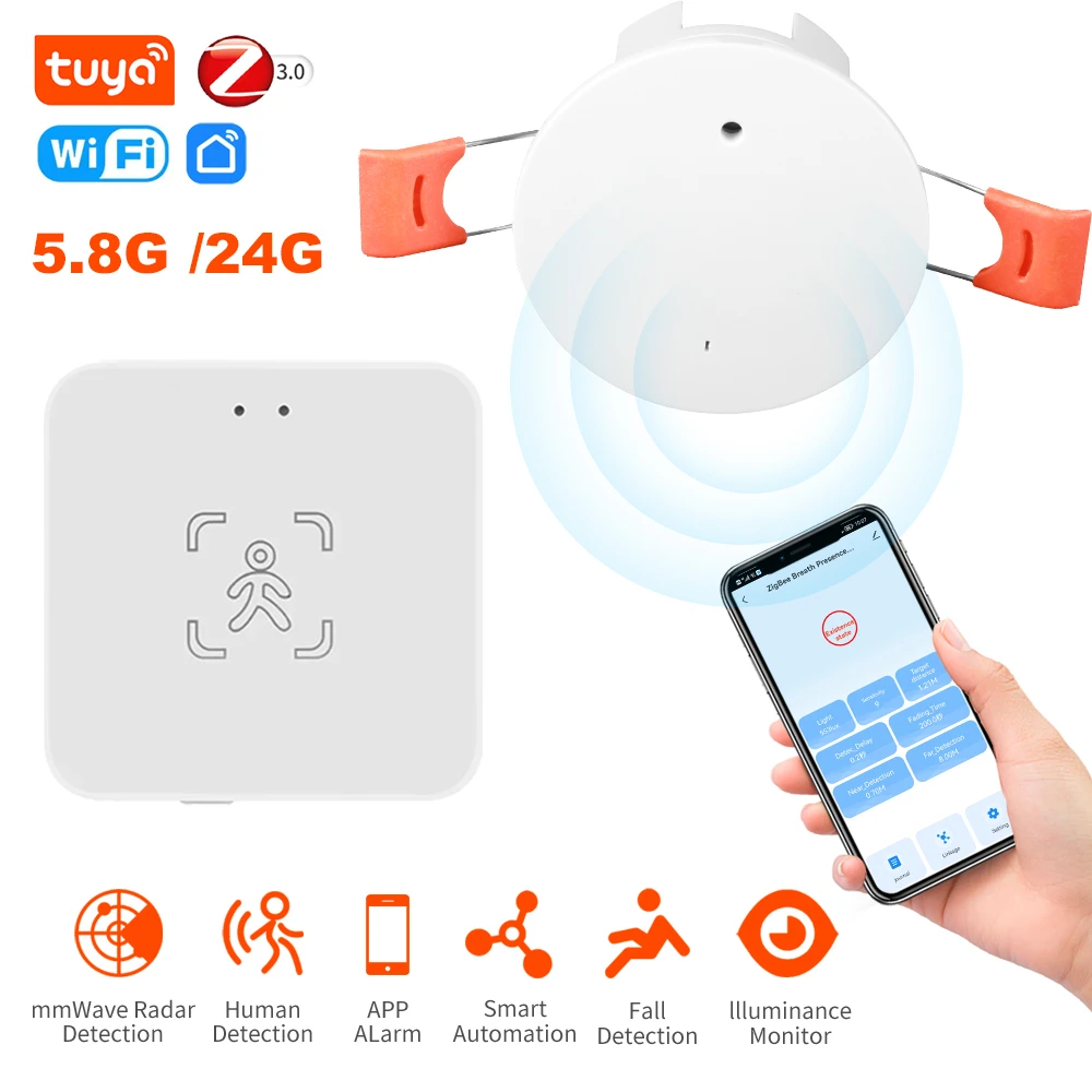 Sensore di movimento di presenza umana Tuya Wifi/Zigbee MmWave con rilevamento di luminanza/distanza PIR 5/110/220V domotica 5.8G/24G