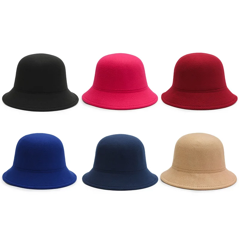 Vintage Wool Felt Hat Women Elegant Bucket Cap Fall Winter Top Hats Simple Solid Color Church Jazz Cap Ladies Dome Fedoras Caps