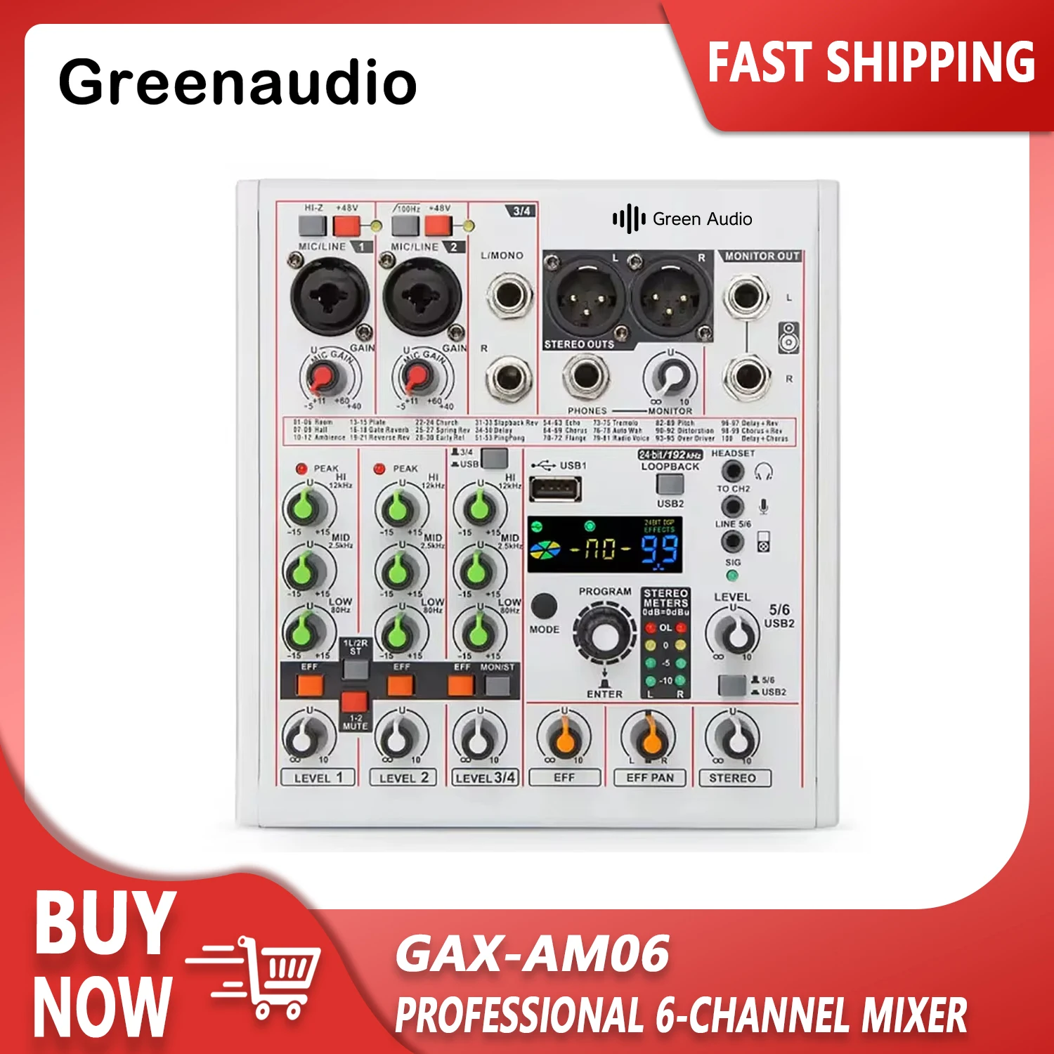 GAX-AM06 Professional 6-channel Mixer live 92khz/24bit Sound Card recording outdoor OTG Bt accompaniment mixing console