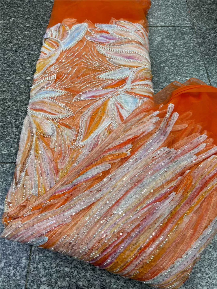 2025 High Quality African Beaded 5Yards NigerianTulle Lace Fabric Sequins Embroidery French mesh Wedding Party Dress