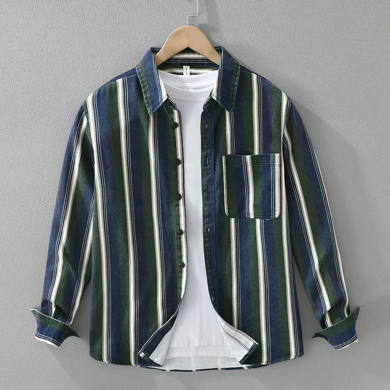 

Japan Vintage Striped 100% Cotton Trendy Long-sleeved Shirt for Men Fashionable Versatile Literary Casual Loose Workwear Tops