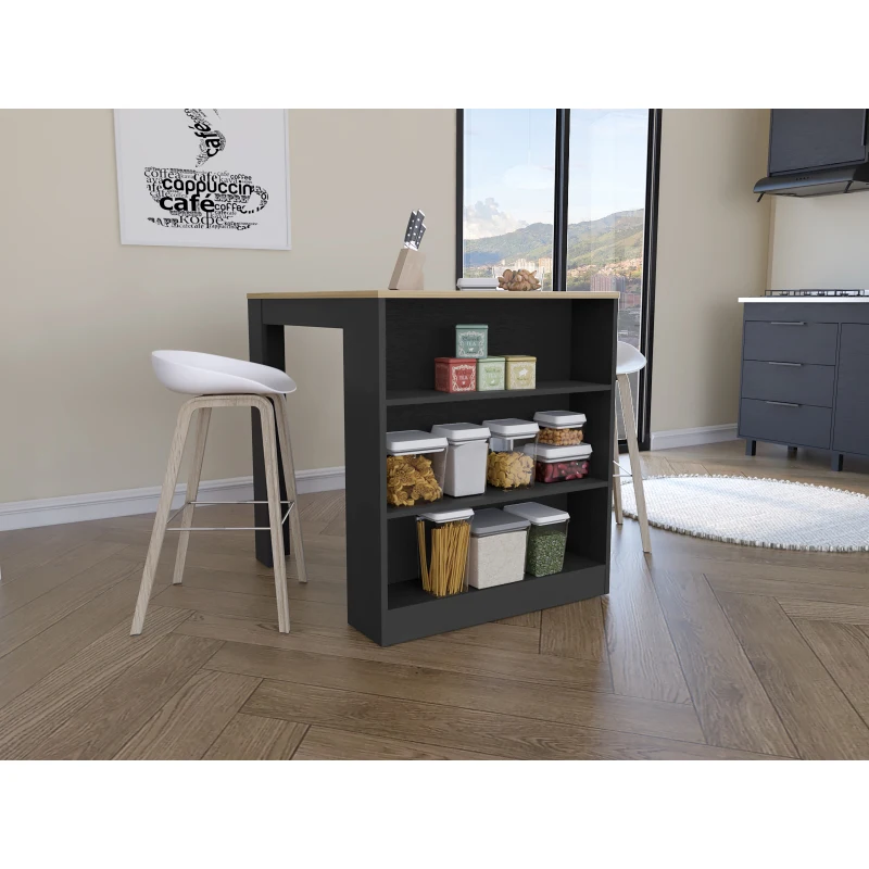 

Alixeperss Store Kitchen Counter Dining Table ,Two Legs, Three Side Shelves -Black / Pine