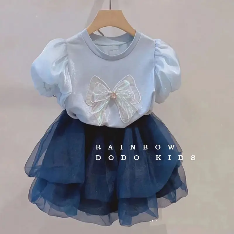 

Girls' Puff SleeveTTrendy Summer Outfit for Kids: Bowknot Top and Mesh Skirt Two-Piece Set for Babies