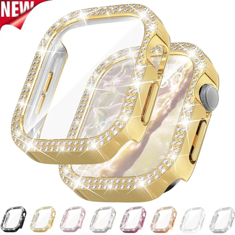 Bling Glass+Cover for Apple Watch Case 46mm 42mm Diamond Bumper+Screen Protector for IWatch Series 12 for Men Women