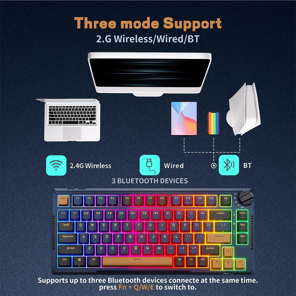 RK Royal Kludge H81 Gasket Structure Mechanical Keyboard 81 Key RGB Backlit Tri-mode 2.4G Wireless Bluetooth Gaming Keyboards