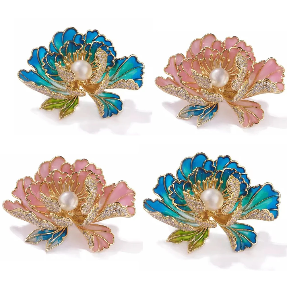 Women Peony Flower Brooch High-end Women's Exquisite Style Pearl Pins Accessories
