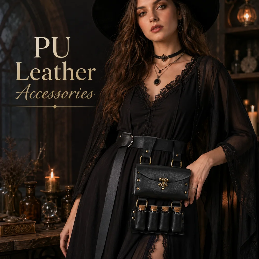 2‑Piece Medieval Vintage Belt & Hip Hanging Set, Vintage Distressed PU Leather Pouch with Four Potion Bottle Pockets, Witch Rang