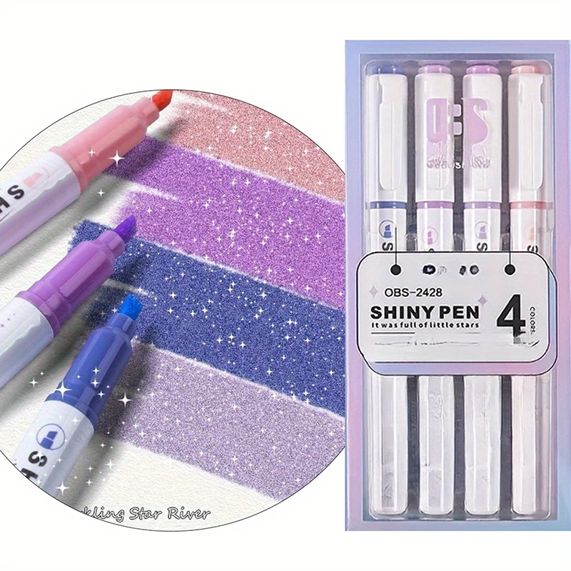 4pcs Glitter Highlighters, Flexible Line Width & Smudge-Proof Water-Based Ink For Sparkling Note-Taking Planner Bible Journaling