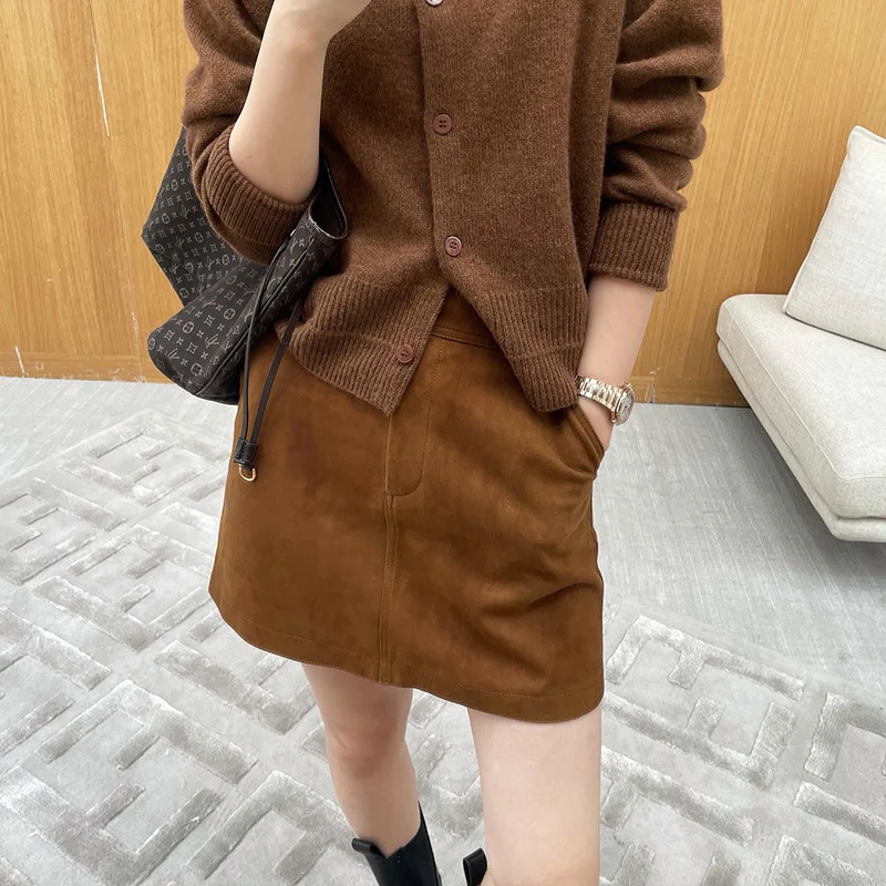 Genuine Leather Skirts Women Fashion Spring Autumn Simple High Waist Caramel/Gray/Purple Sheepskin Suede Wrap Hip Falda Short