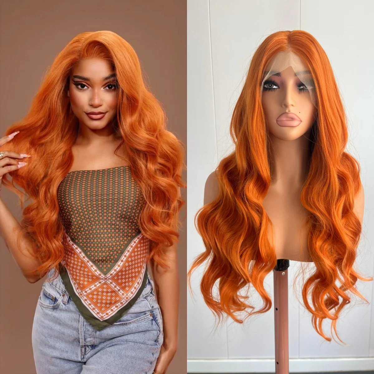 Ginger Orange Long Loose Body Wave 13x4 Lace Front Synthetic Wig Middle Part Natural Hairline for Women Daily Party Cosplay Wear