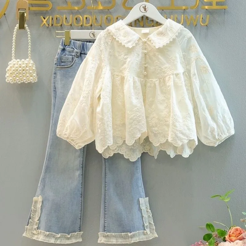 

Girls Autumn Set Lace Doll Neck Shirt Jeans Two-piece Set For Children's Spring Girl Clothes Clothing Set 2024 Kids Clothes