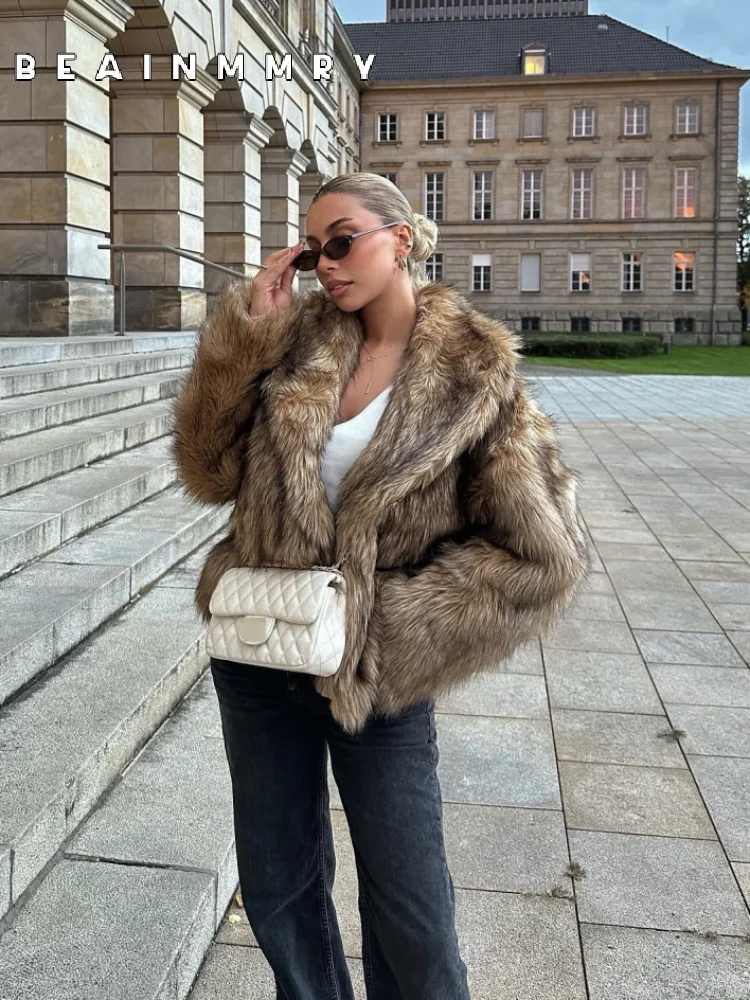 2025 Women Chic Brown Oversized Full Sleeve Plush Furry Jacket Winter Luxury Lapel Thicken Fluffy Fur Coat Lady High Streetwear