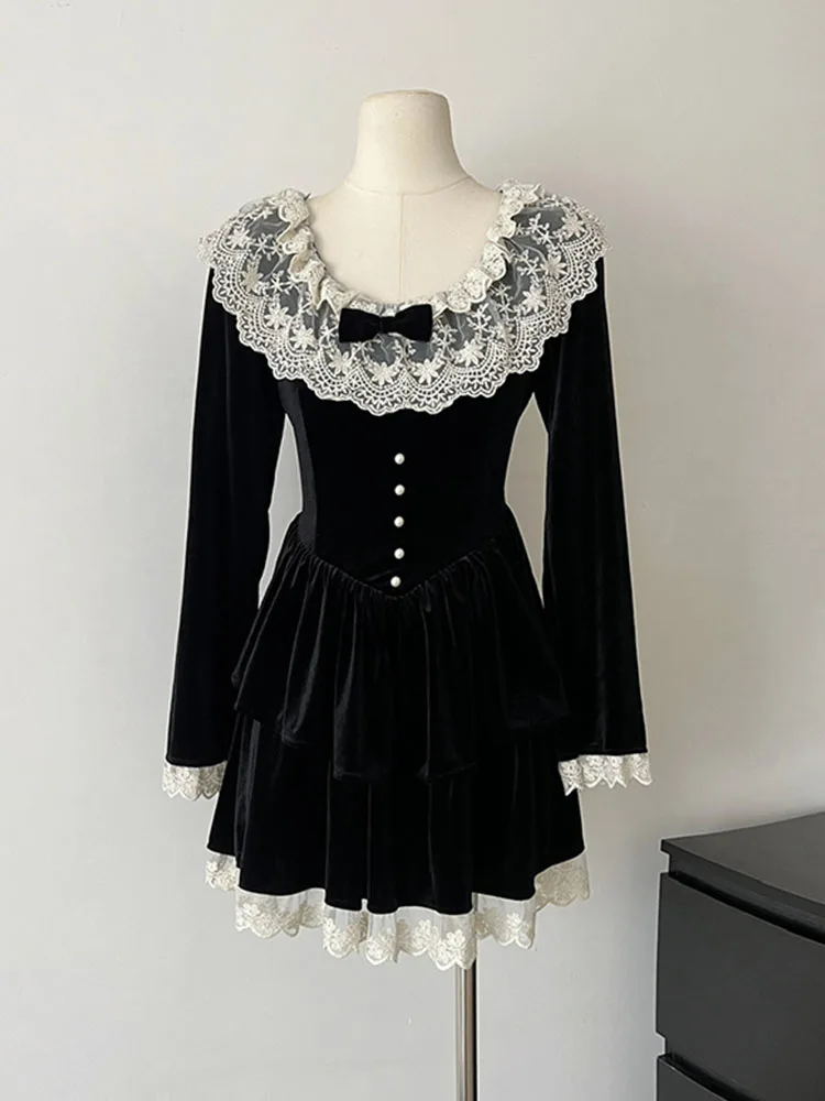 French Elegance Black Fairy Dress Fashion Vintage Luxury One-Piece Frocks Kpop 2000s Aesthetic Sweet Prom Gown Streetwear Gothic