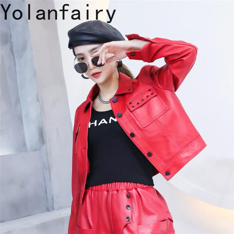 YOLANFAIRY Real Sheepskin Genuine Leather Jacket Women Cropped Leather Coat 2026 Autumn Korean Red Square Collar Short Outerwear