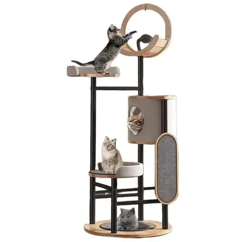 

Modern Furniture Luxury Small Pet Cat Tree Scratcher Post Faux Rattan Space Capsule Palm Tree Design Wooden Cat House Carton