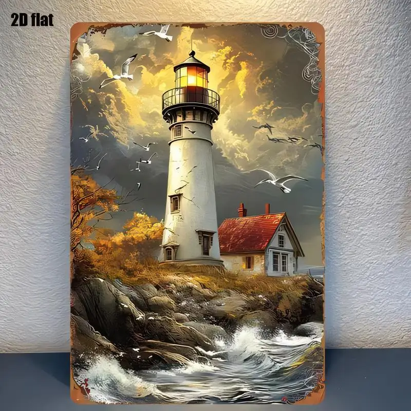 2D Flat Lighthouse & Seagulls Vintage Metal Tin Painting - Retro Coastal Wall Art (Cottage, Waves, Golden Sky), Iron, Perfect fo