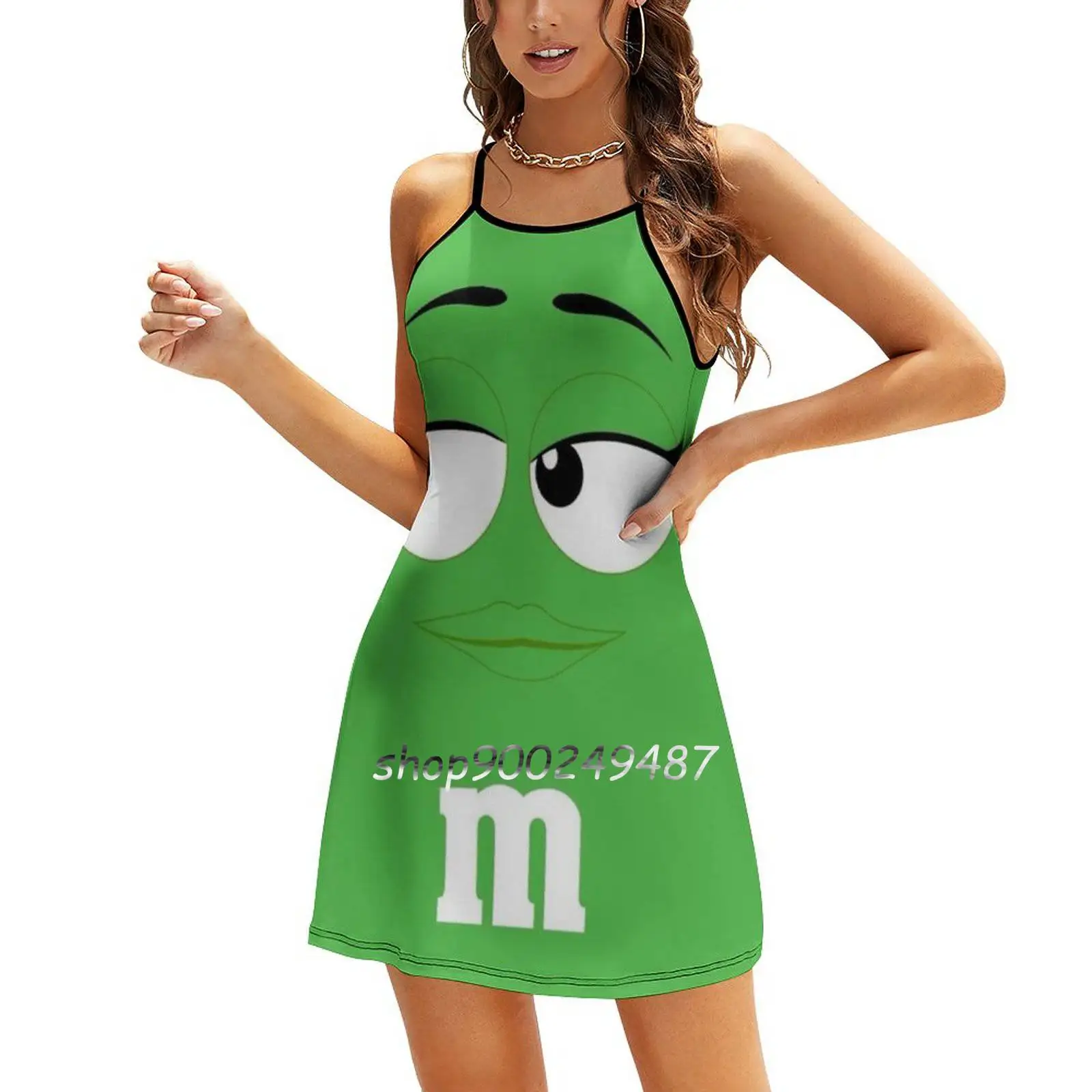 Green M&M Face Sweet Elegant Dress Women Korean Kawaii Square Collar Dress Green M M Face Halloween Costume Halloween Costume