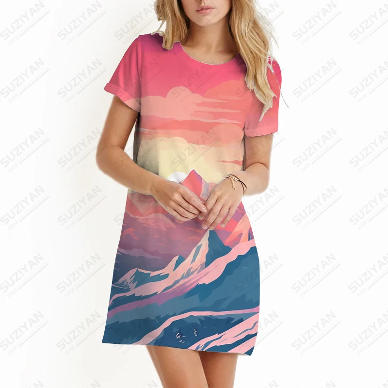 Summer new lady dress landscape 3D printed lady dress casual style ladies dress fashion trend high -quality lady dress