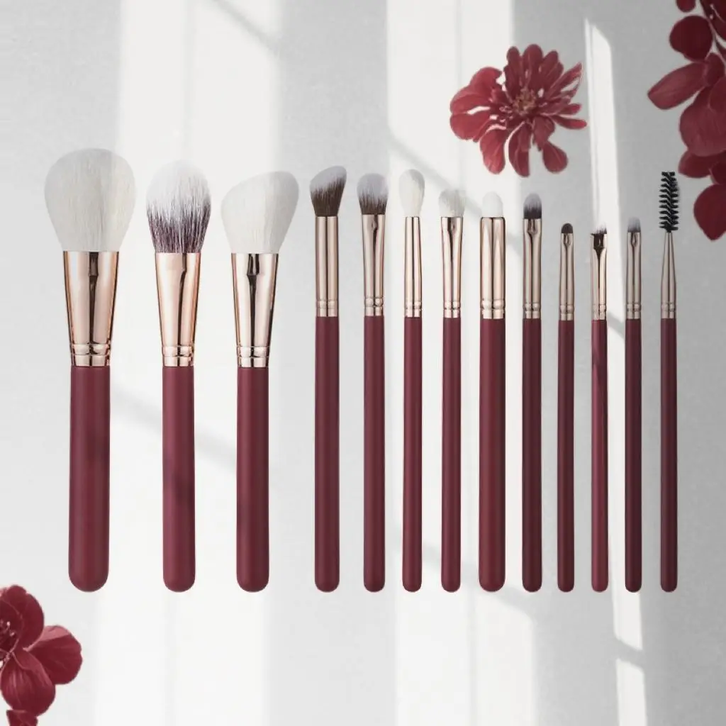 Luxury Goat Hair Makeup Brush Set With Burgundy Handle Professional Makeup Brushes For Perfect Blending Contouring And Finishing