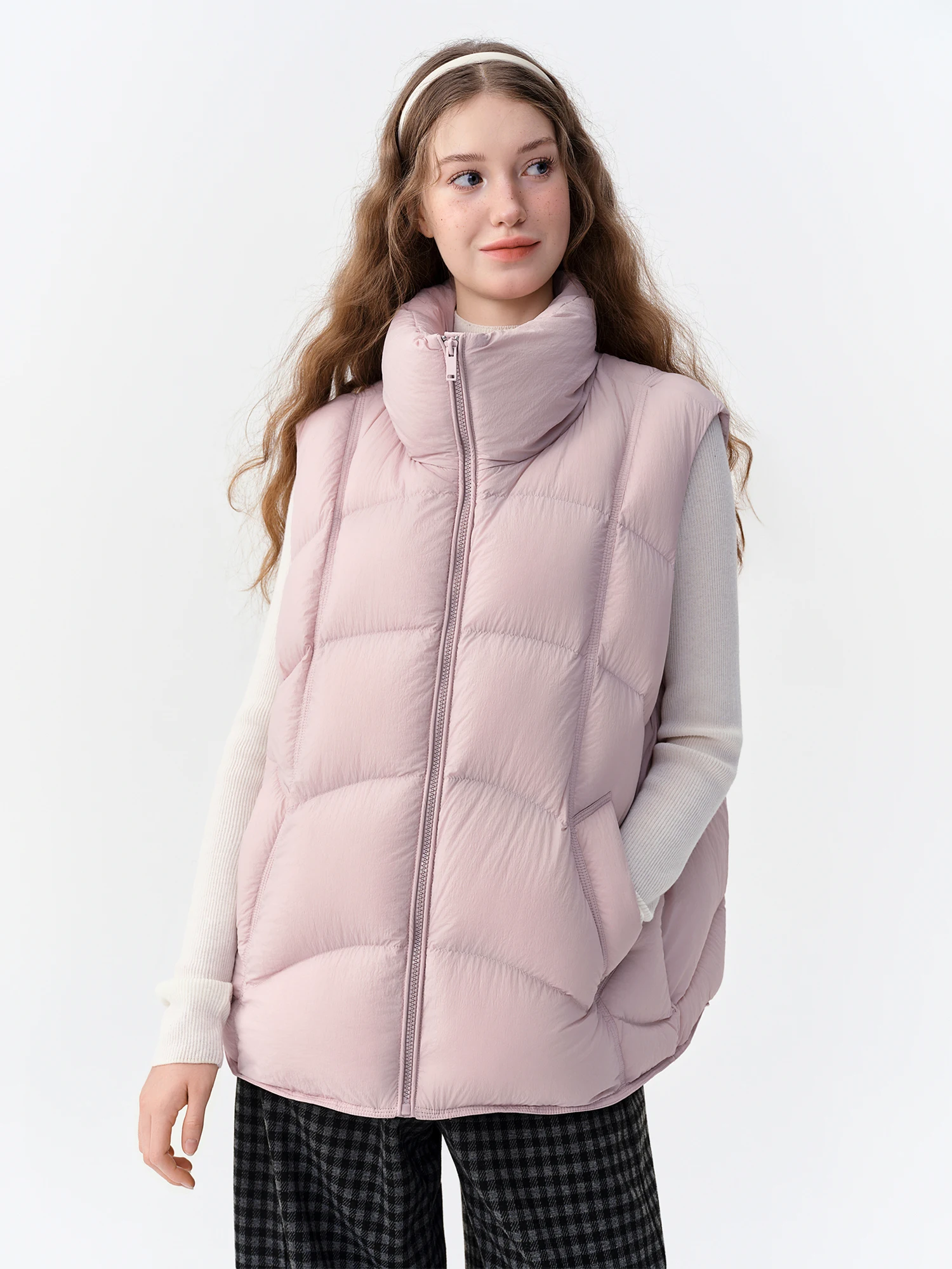 DUSHU Solid Color Stand-up Collar Checkered Down Vest New Winter Simple 2026 Pink Duck Down Warm Coat Loose Trendy Daily