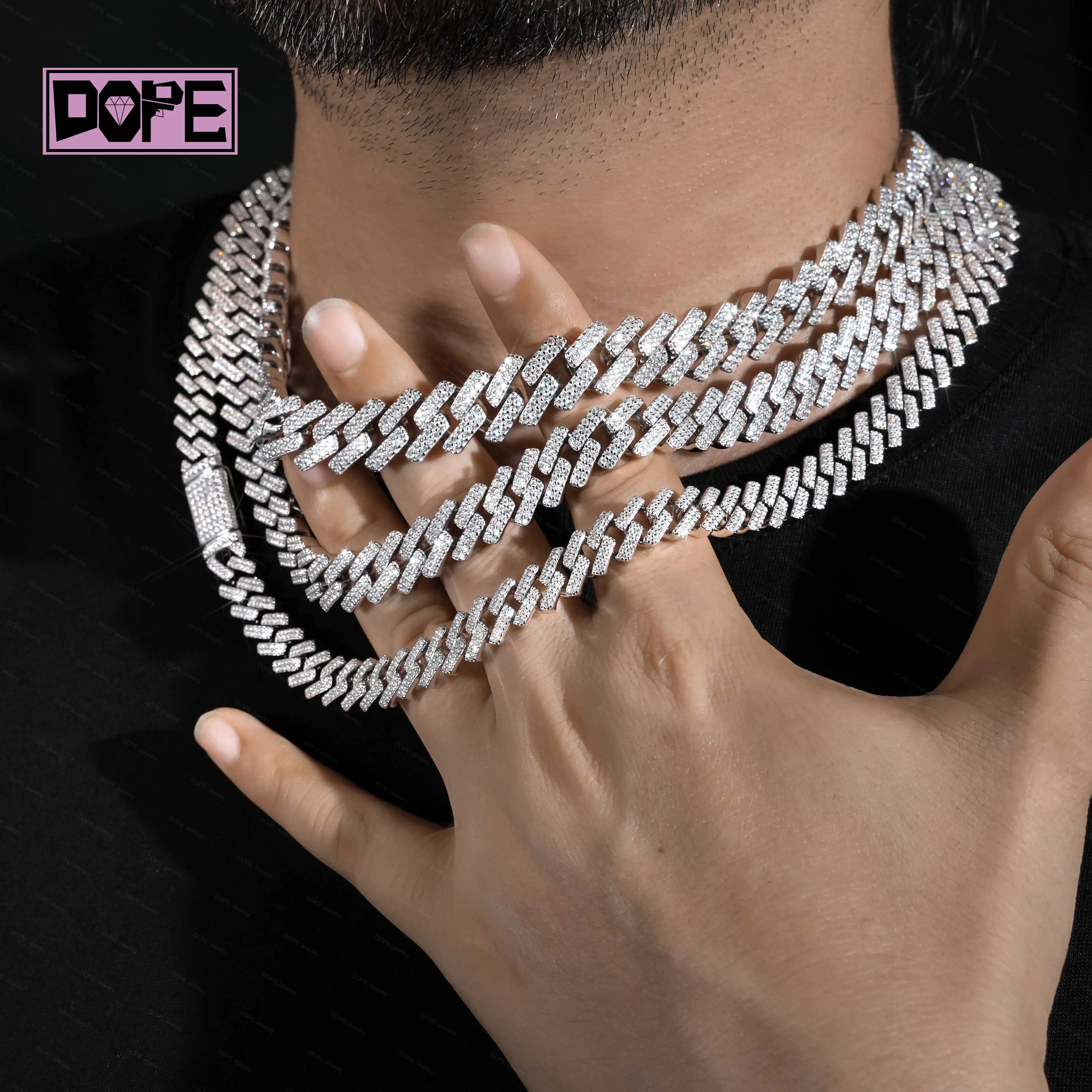 10mm 16mm 18mm Moissanite Chain Cuban Link Collection Hip Hop 925 Silver Iced Out Necklace Moissanite Cuban Chain，