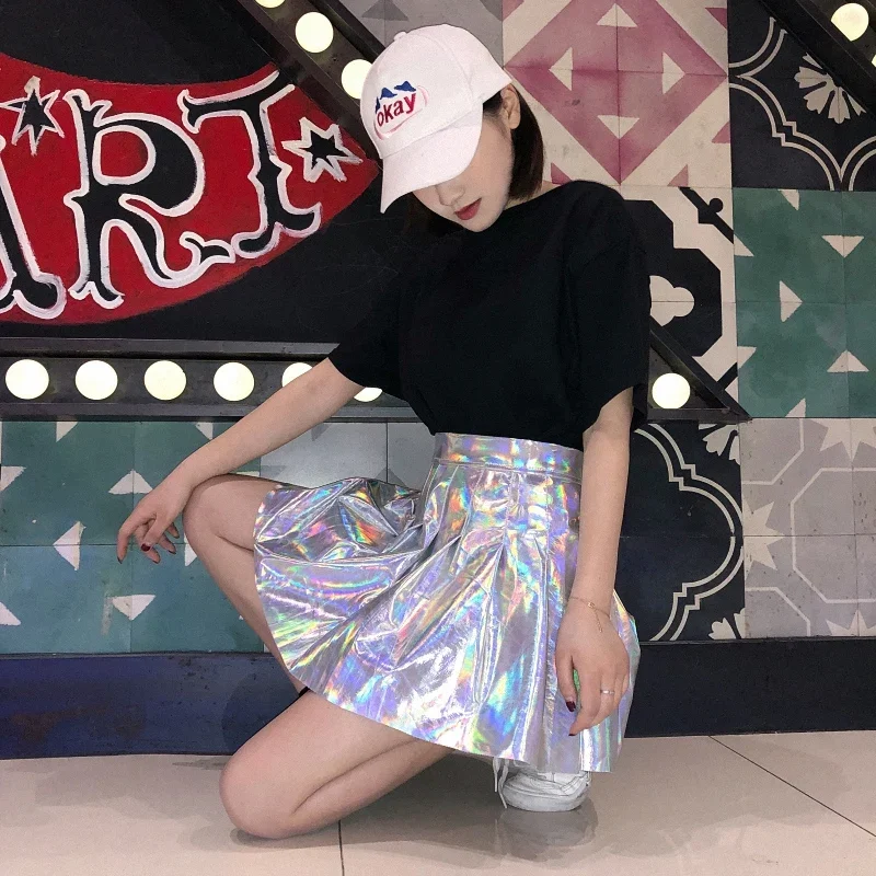 Japanese Korea Pleated Skirts 2024 Women PU Solid Harajuku Casual Laser Hight Waist Mini Short Skirt Women Rainbow